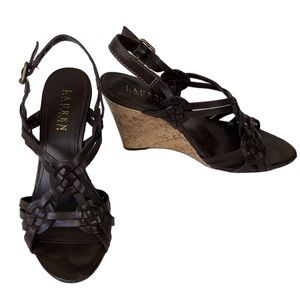 Lauren Ralph Lauren Brown Woven Leather Cork Wedge Sandal
